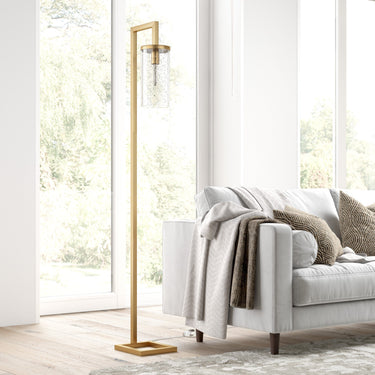 Brass Reading Floor Lamp With Clear Seeded Glass Drum Shade